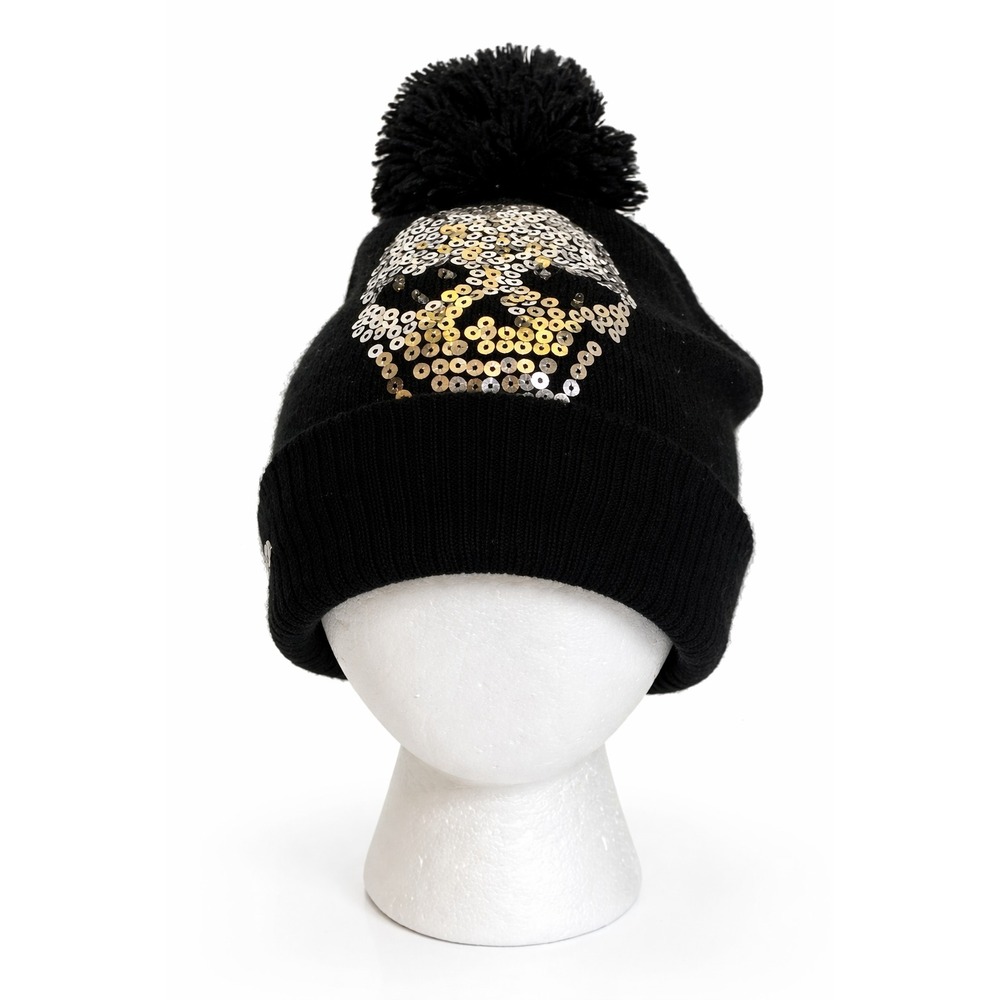 Betsey Johnson Womens Silver Sequin Skull Tossel‎ Cap Hat One Size Black Knit